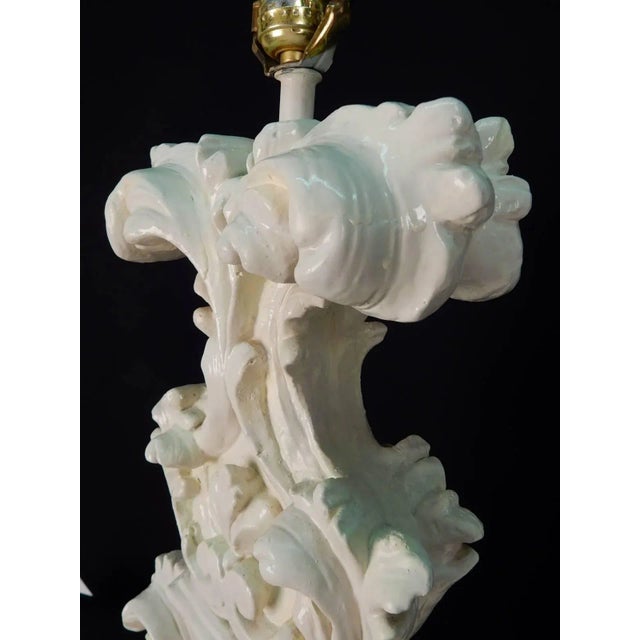 Large solid plaster lamps covered in a creamy white enamel. Wood base with off/on toggle switch. In original condition...