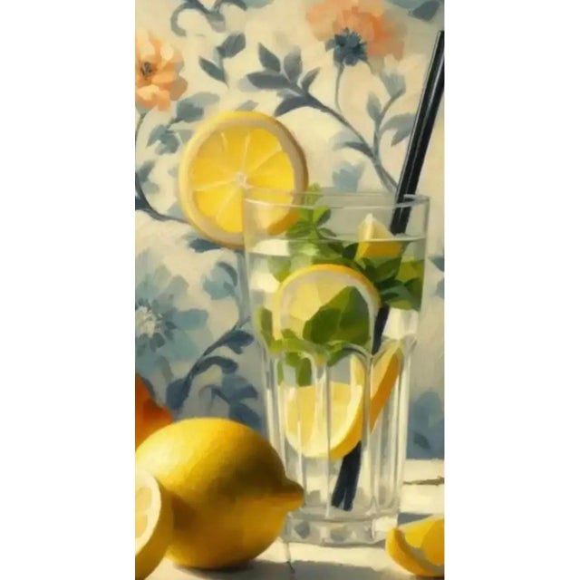 Contemporary 2023 Acrylic Still Life Painting, With Lemon Water and Citrus Against Wallpaper in Gold Plein Air Frame For Sale - Image 3 of 3