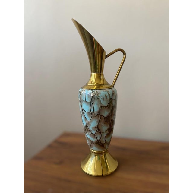 Vintage Mid-Century Modern Brass Pitcher/Vase Green Enamel Condition: great pre-owned, as shown on the pictures....