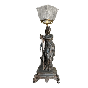 Antique Victorian Metal Woman With Harp Table Lamp