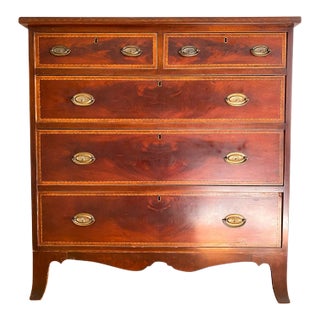 Antique Early 1800s Neoclassical New England Mahogany Chest of Drawers With Rosewood Banding and Inlay For Sale