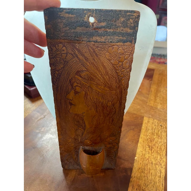 Early 20th Century Pyrography Match Holder Native American Woman Primitive Burnt Wood For Sale - Image 12 of 12