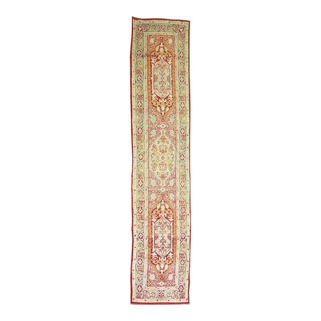 Pink Field Red Green Accent Formal Full Pile Antique Turkish Oushak Runner For Sale