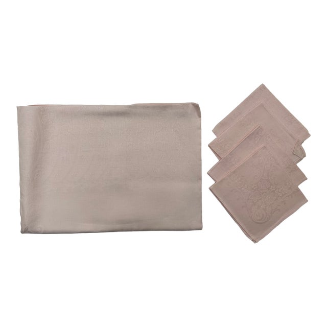 1960s Mid Century Modern Pink Tablecloth 52 X 48 With Set of 4 Napkins That Fold to 7 X 7 (See Detail for Pattern) - 5pcs For Sale