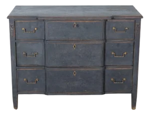 Gustavian Style Chest of Drawers in Black with Brass Hardware and Carved Details