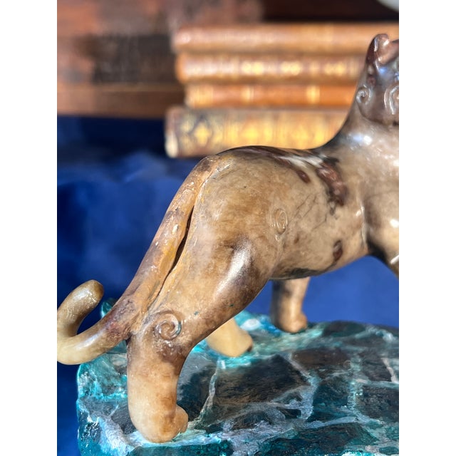 Pair of Early 20th Century Chinese Carved Marble Lions on the Faux Malachite Stone Bases For Sale - Image 10 of 14