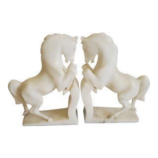 Vintage White Alabaster Marble Hand Carved Horse Bookends - a Pair For Sale