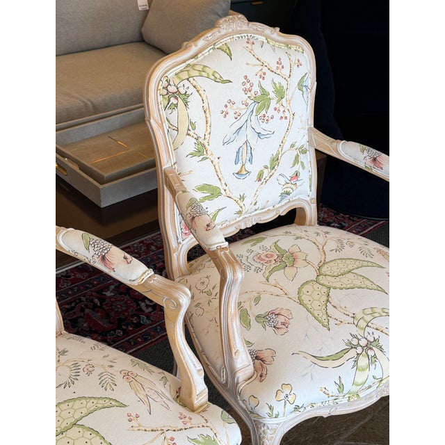 Cream Louis XV-Style Floral Upholstery Armchairs, Pair For Sale - Image 8 of 18