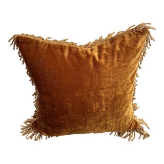 French Style Burnt Orange Velvet Fringed Feather Down Pillow For Sale