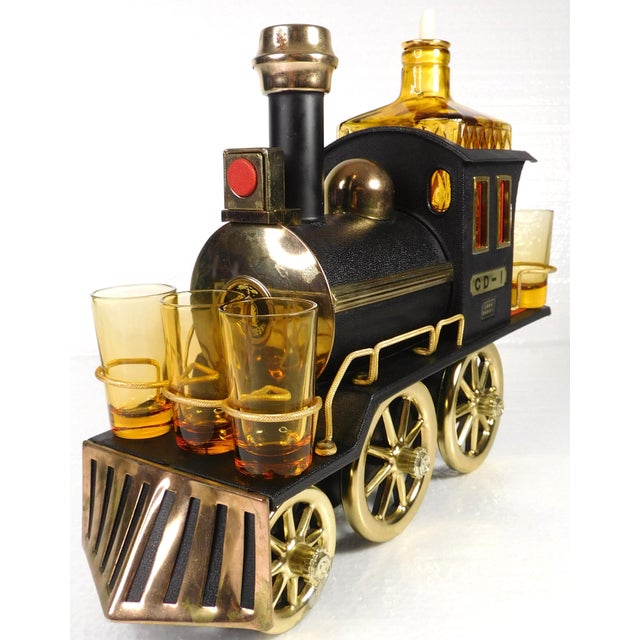 Figurative Vintage Figural Iron Horse Steam Engine Musical Decanter With Shot Glasses - 8 Piece Set For Sale - Image 3 of 16
