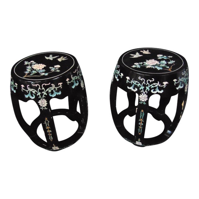 Chinese Black Lacquered and Paint Decorated Open Garden Seats - a Pair For Sale