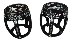 Chinese Black Lacquered and Paint Decorated Open Garden Seats - a Pair