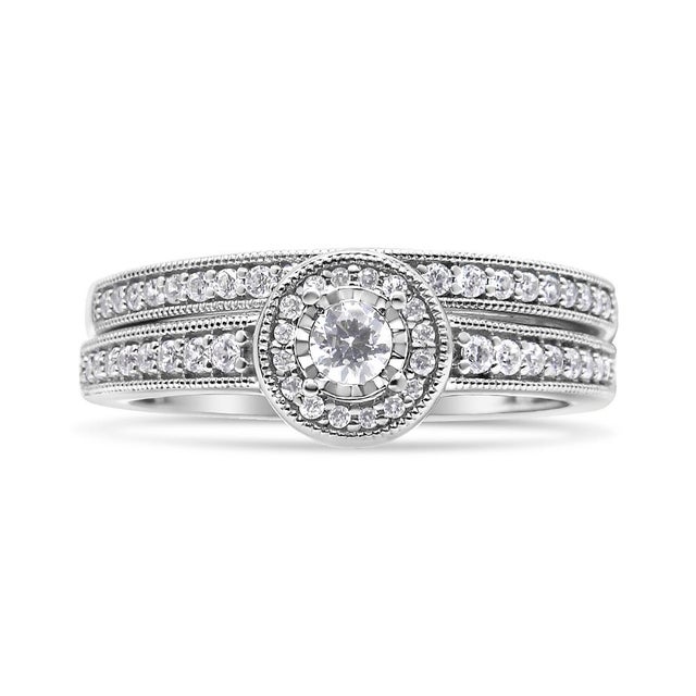 2020s .925 Sterling Silver 1/2 Ctw Diamond Halo and Milgrain Engagement Ring Bridal Set (I-J Color, I3 Clarity) - Ring Size 7 For Sale - Image 5 of 5