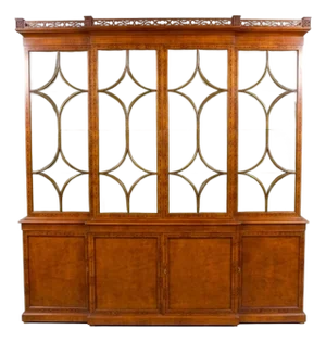 Impressive Early 20th Century George III Style Inlaid Walnut Breakfront Cabinet