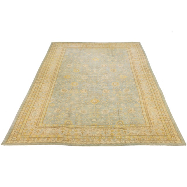Transitional 15x23 Modern Transitional Oushak Style Light Blue & Goldenrod Hand-Knotted Wool For Sale - Image 3 of 10