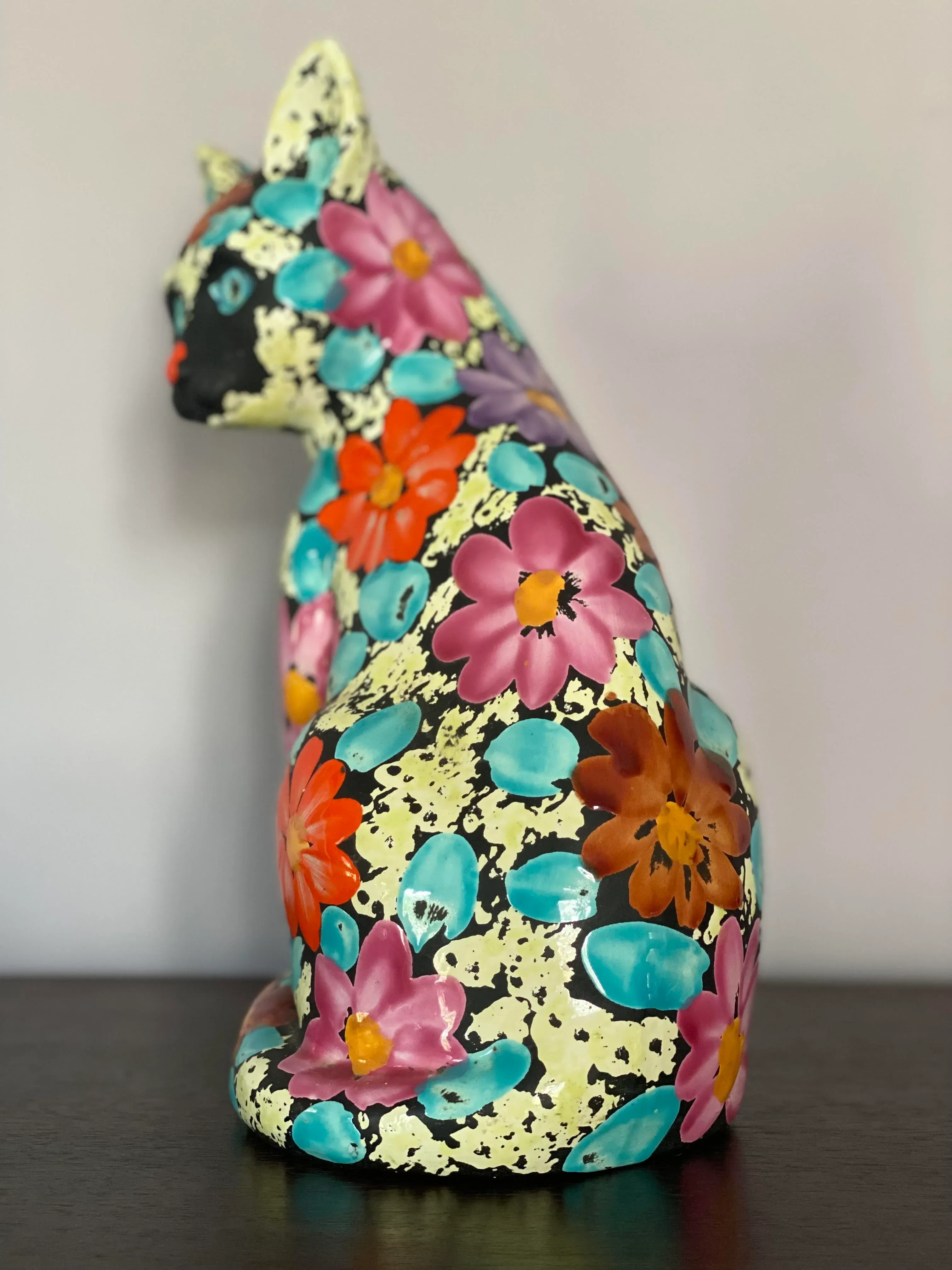 1960s Mid Century Alvino Bagni Large Flowered Cat Bank Figurine