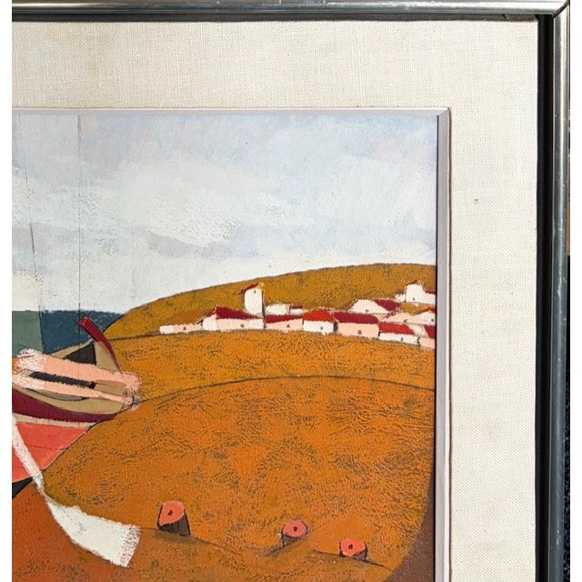 Mid Century Modernist Abstract Landscape Painting - A Boat Sits on a Beach - Signed For Sale - Image 4 of 11