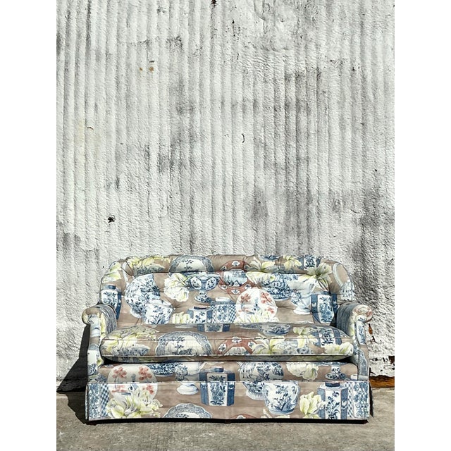 Vintage Regency Blue and White Vase Printed Loveseat For Sale - Image 11 of 11