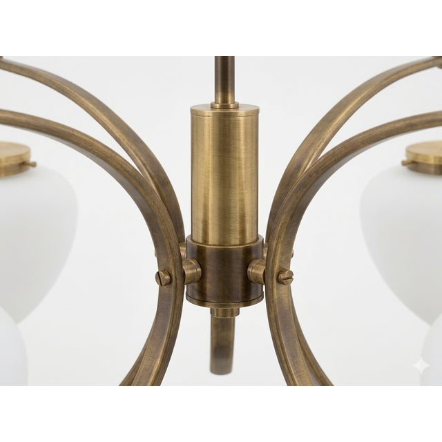 Stilnovo 1950s Elegant Five-Arm Brass Chandelier With Frosted Glass Drops For Sale - Image 4 of 7