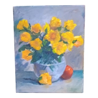 Brilliant Yellow Flowers in a Silver Vase Original Oil Painting For Sale