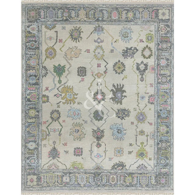 Modern Handknotted Oushak Rug in Poppy Pink, Lavender & Sky Blue, 6' x 9' For Sale In San Antonio - Image 6 of 7