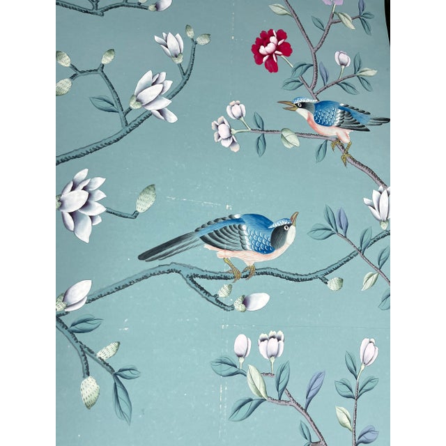 Chinoiserie 21st Century Chinoiserie Mural Hand Painted Wallpaper on Blue Tea Paper Panel - 3 Panels For Sale - Image 3 of 3