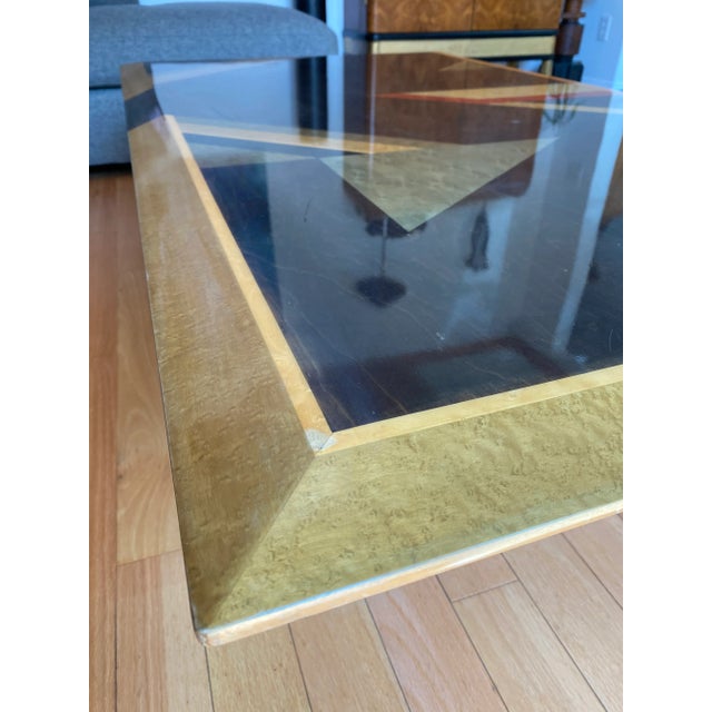 Rare Giovanni Offredi for Saporiti Italian Coffee Table - Geometric Dyed Wood Veneer Top & Sculptural Iron Base For Sale In Los Angeles - Image 6 of 13