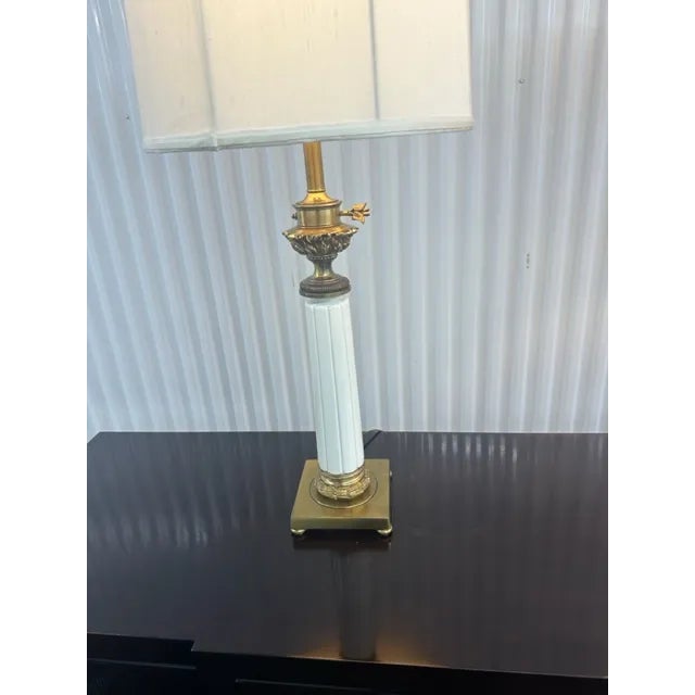Pair of 1980s White Ceramic & Brass Lamps For Sale - Image 9 of 12