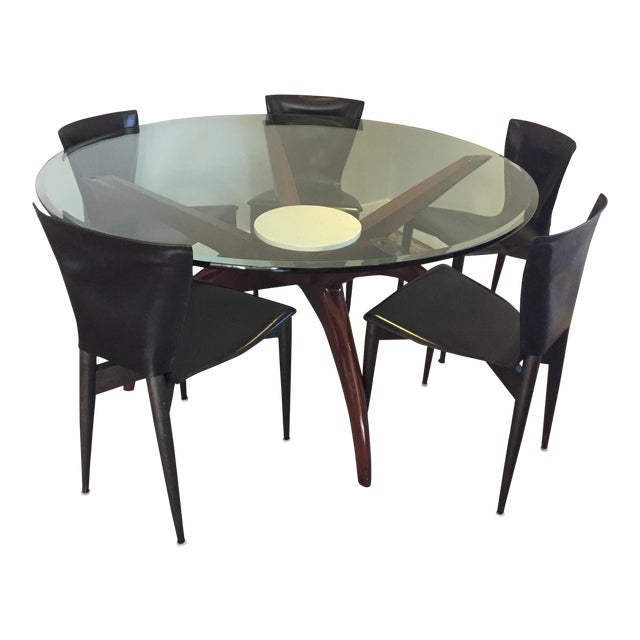 Wood & Glass Round Dining Table & Leather Chairs S/6 Mid Century