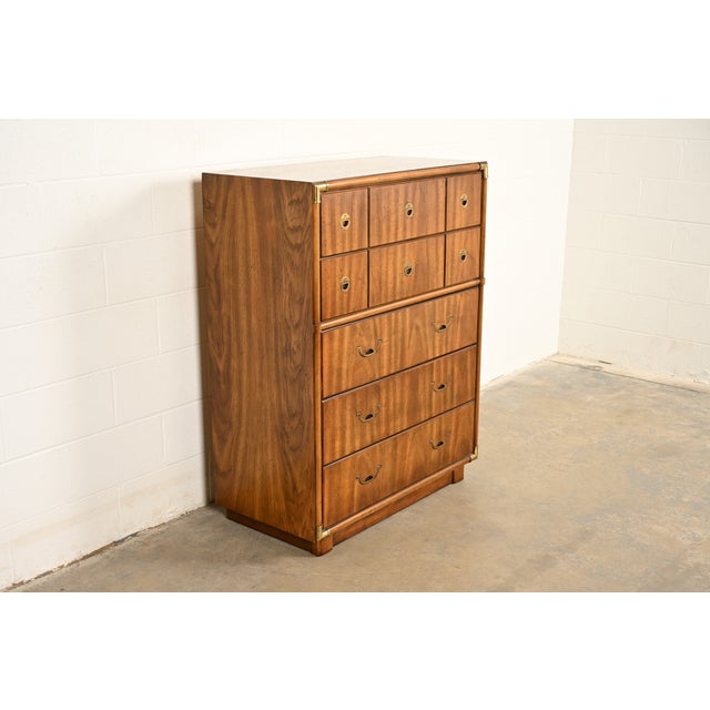 Drexel Heritage Drexel Heritage Mid-Century Modern Hollywood Regency Campaign Walnut Highboy Dresser, 1970s For Sale - Image 4 of 15