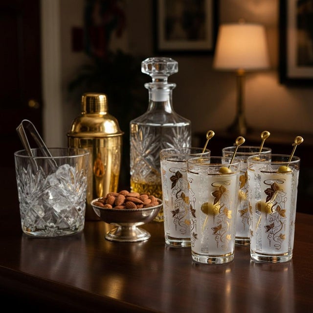 Elegant set of six Libbey highball glasses featuring a frosted panel design accented with genuine 22K gold leaf ivy and...