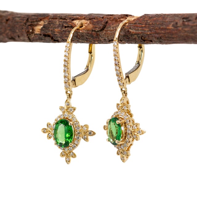 Tsavorite Garnet & Earth-Mined Diamond Earrings in 14k Gold | Leverback Closure-Set of 2 For Sale - Image 4 of 7