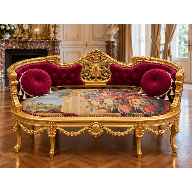 1970 French Artisan Louis XVI Gold Burgundy Sofa Set-3 Pc For Sale - Image 13 of 18