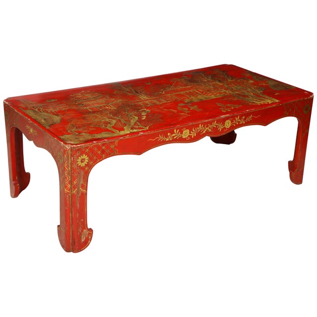 Vintage Hand Painted Red Lacquered Chinoiserie Cocktail/Coffee Table For Sale - Image 11 of 11
