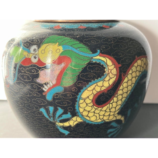 Vintage Chinese Cloisonné Dragon Ginger Jar W/ Lid, Decorative Collectible Vase For Sale - Image 11 of 12