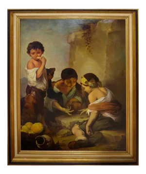 Mid 20th Century "Boys Playing Dice" Figurative Oil Painting, Framed