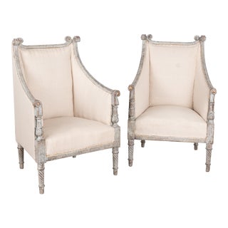 Pair, Gray Painted Gustavian Style Armchairs, Sweden Circa 1900 For Sale