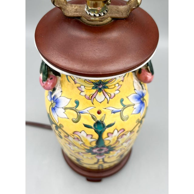 Vintage Chinese Floral Hand-Painted Porcelain Lamp With Applied Fruit Handles - Chinoiserie, Traditional, Asian For Sale - Image 14 of 14