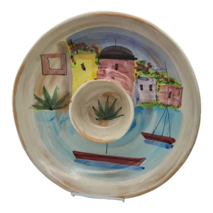 Contemporary Vietri Chip & Dip Italy Hand Painted Village Boat Marina Pottery Large Bowl Tray