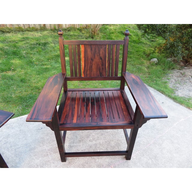 Mid 20th Century Vintage ~ Mortise Tenon Arts & Crafts Style ~ Exotic Wood Arm Chair Pair ~ Ziricote Macassar ~ Mid Century Rosewood For Sale - Image 5 of 15