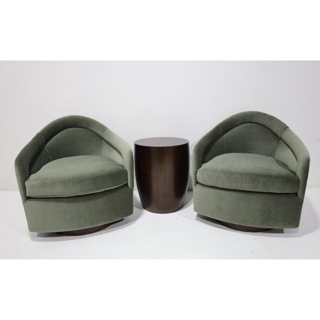 Super great looking pair of Milo Baughman style lounge chairs newly upholstered in mohair by Vendome, color Eucalyptus....