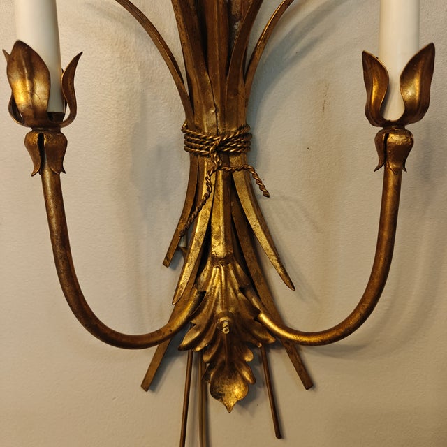 Mid 20th Century Vintage Italian Gilt Gold Metal Sheaf of Wheat Electric Candle Wall Sconce For Sale - Image 5 of 10