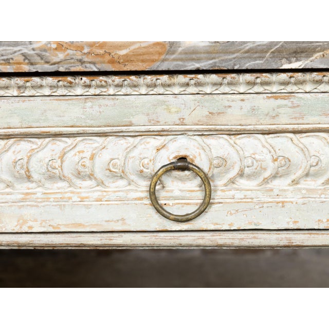 Pair of French Louis XVI 18th Century Painted Console Tables with Marble Tops For Sale - Image 11 of 12