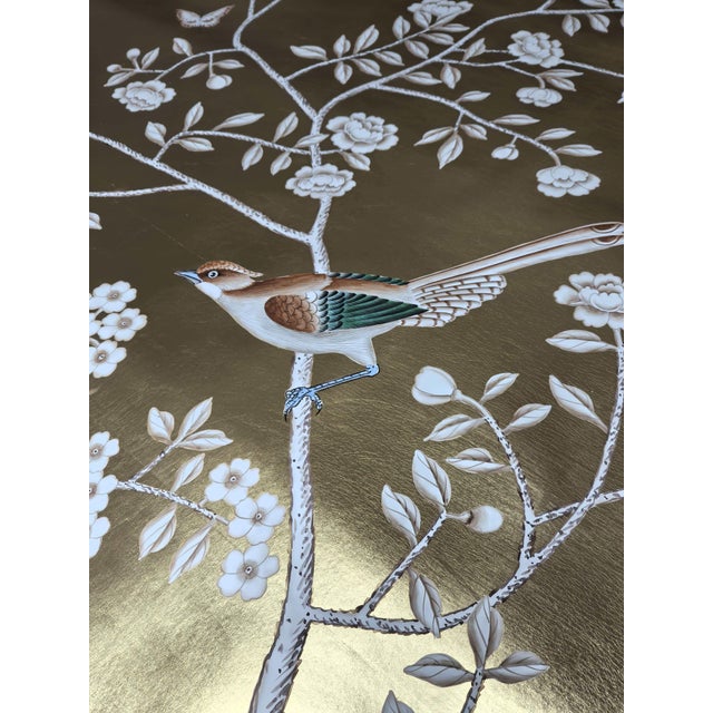 Chinoiserie Gold Leaf Chinoiserie Hand-Painted Bird & Blossom Wall Panels (Set of 2) For Sale - Image 3 of 3