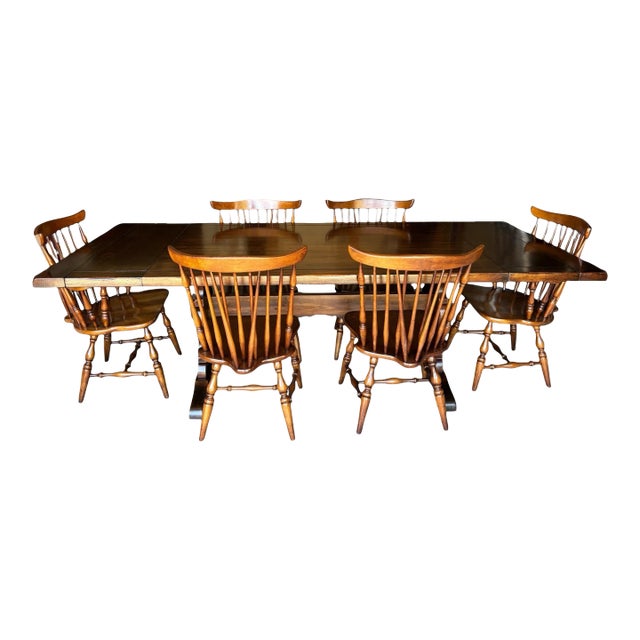 1970s Ethan Allen Solid Wood/Birch Trestle Table With Two Extensions. 6 Rock Maple Chairs Made by Carlton and Sprague - Set of 9 For Sale