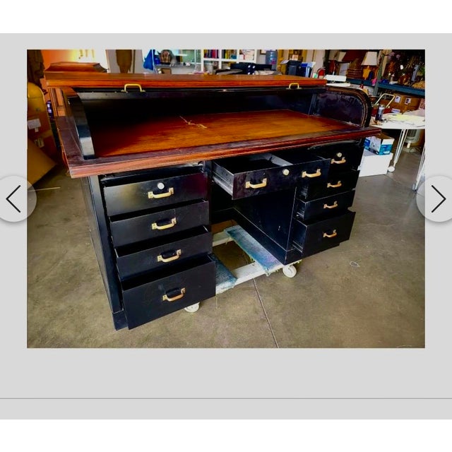 1950s 1950s Industrial Roll-Top Metal Tanker Desk With Brass Detailing For Sale - Image 5 of 7