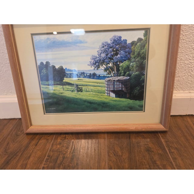 Realism Original Realist Landscape Print, Hawaiian Pastoral Farm Scene With Jacaranda Tree, Wood Framed, Curtis Wilson Cost 1985 For Sale - Image 3 of 9