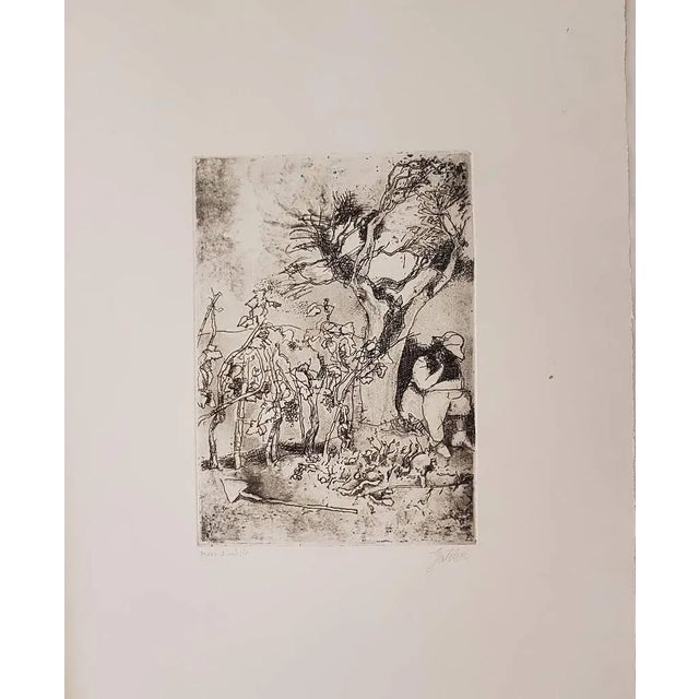 Hand signed on the right lower margin. Artist's proof. Beautiful etching describes a man sitting under a grapevine. Good...
