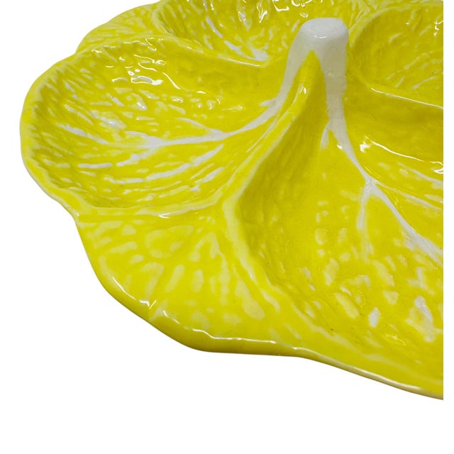 Secla Vintage Attributed to Secla Yellow Cabbage Leaf Majolica Divided Serving Dish For Sale - Image 4 of 11