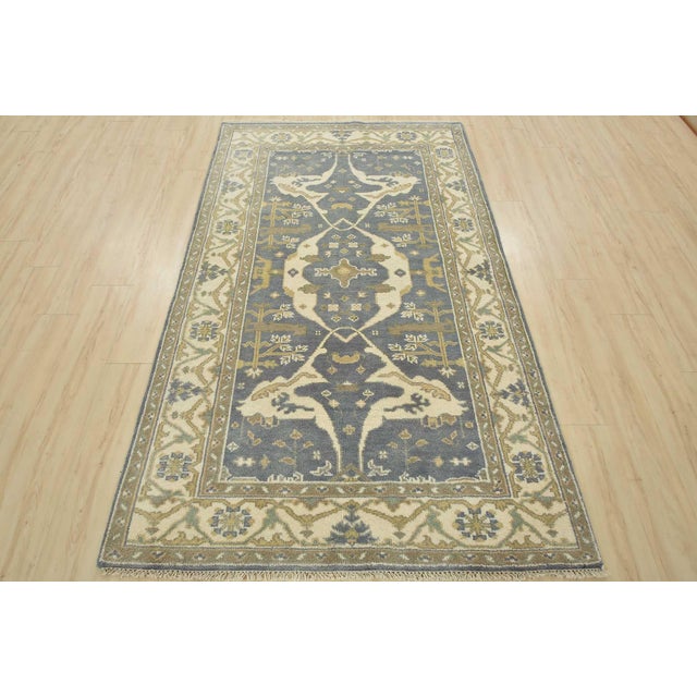 Tribal Oushak Rug 4’11” X 7’10” Blue Wool Tribal Hand-Knotted Oriental Carpet For Sale - Image 3 of 14